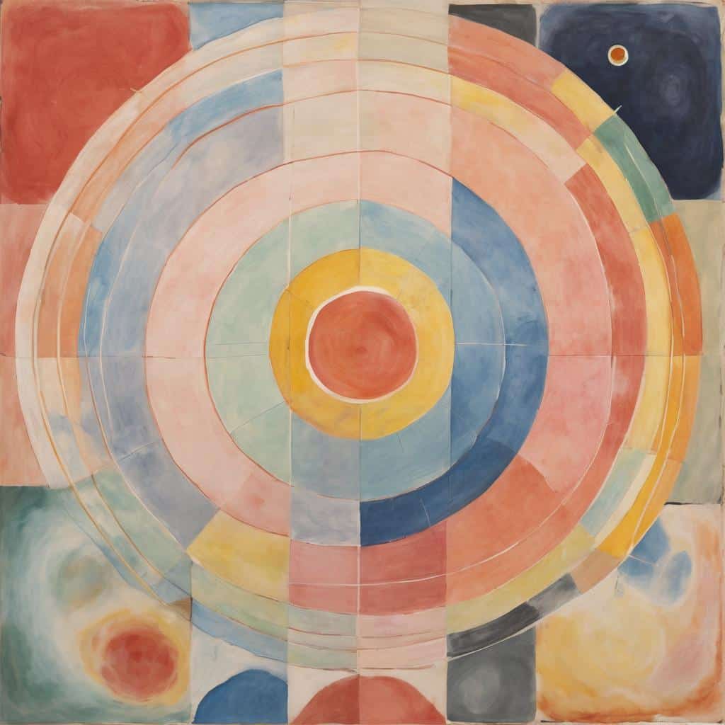 Ζωγραφική με κυκλικά γεωμετρικά σχήματα και απαλές αποχρώσεις, εκφράζοντας την αισθητική της σιγής στην εικόνα.