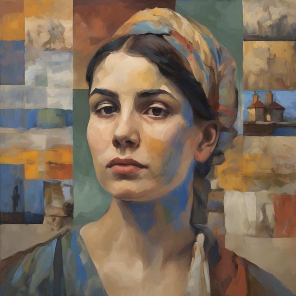 Απλό πλάνο πορτρέτου γυναικείου προσώπου σε ψηφιακό ύφος, με έντονες πινελιές ζωγραφικής και abstract background.