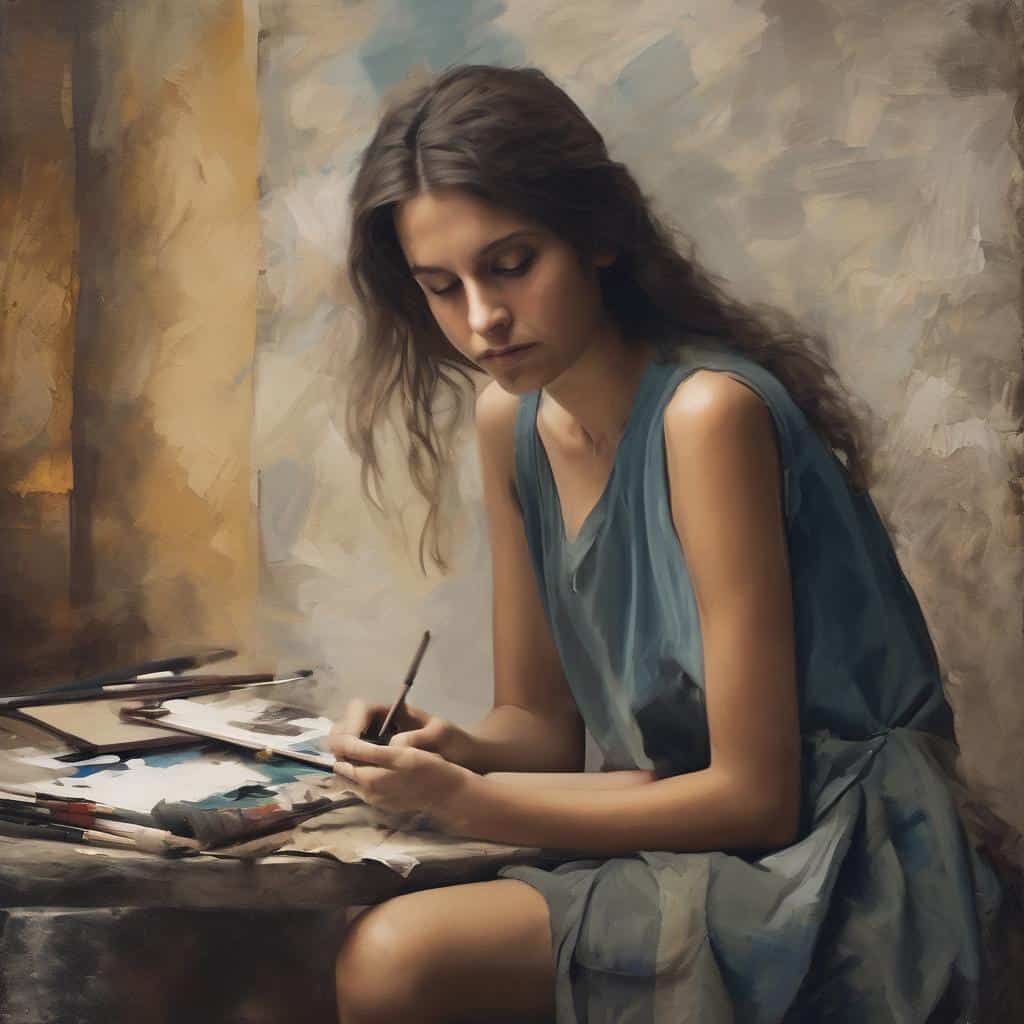 Νεαρή γυναίκα ζωγραφίζει με ήσυχη αίσθηση, αποτύπωση της αισθητικής της σιγής στην εικόνα.